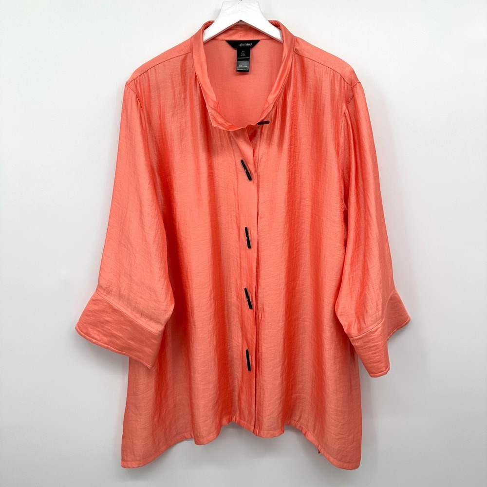Ali Miles Tunic Top Shirt Size 3X Button Front Wired Collar 3/4 Sleeve Resort